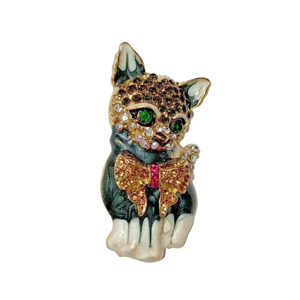 Bow Cat Kitten Brooch Colored Crystals Enameled Pin Goldtone Metal